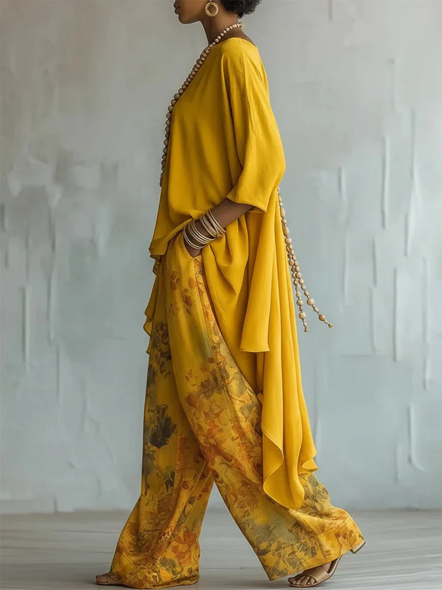Two-piece printed tunic and wide-leg pants set