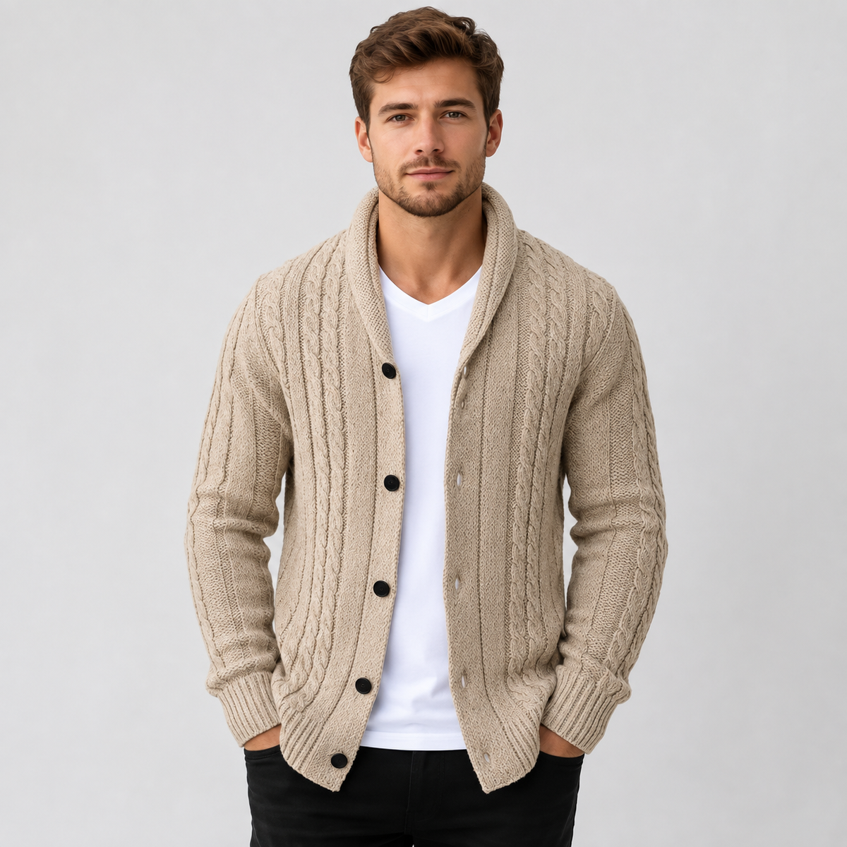 Cable knit button front cardigan sweater in apricot