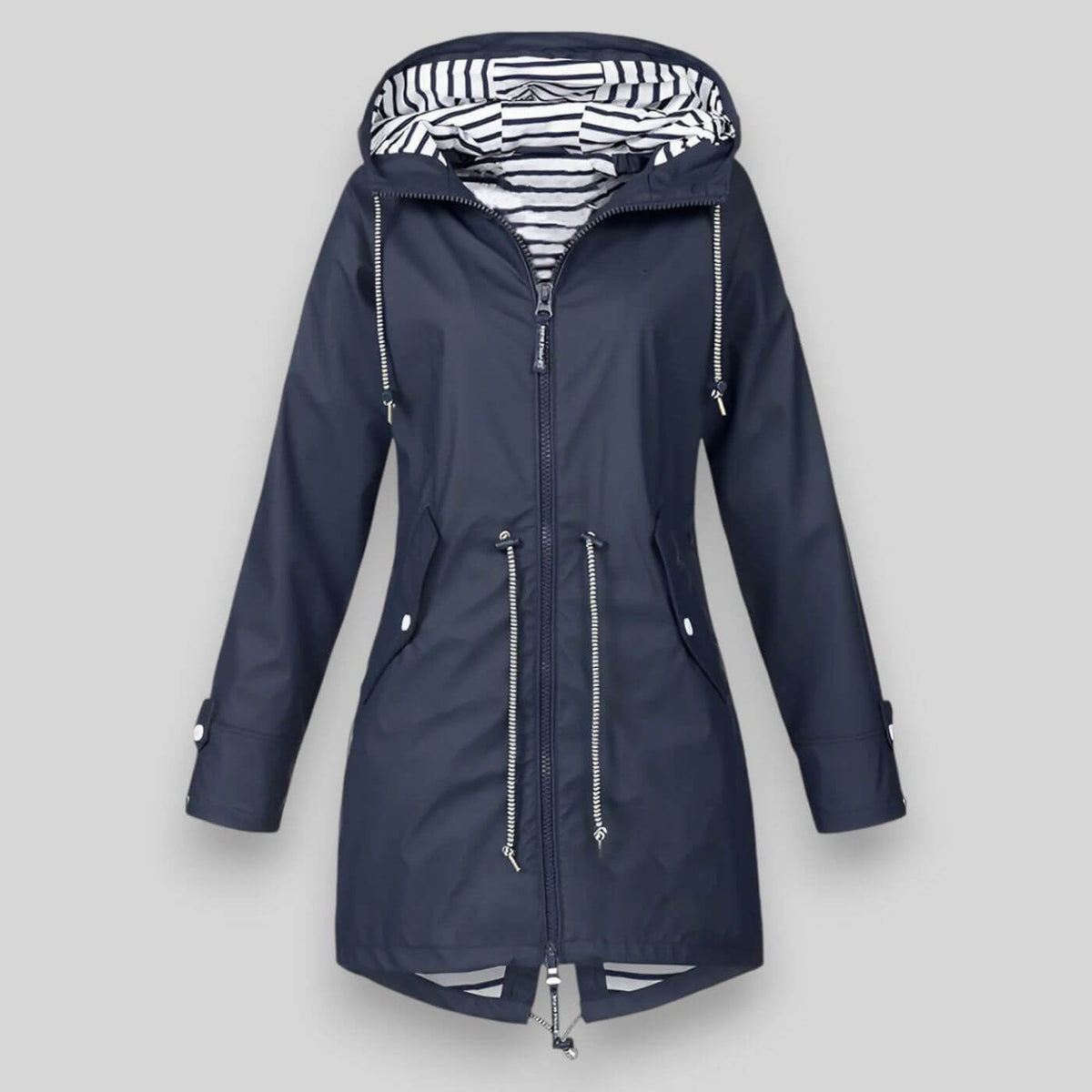 Women's sleek waterproof rain jacket with adjustable hood in navy blue