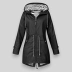 Women's sleek waterproof rain jacket with adjustable hood in black