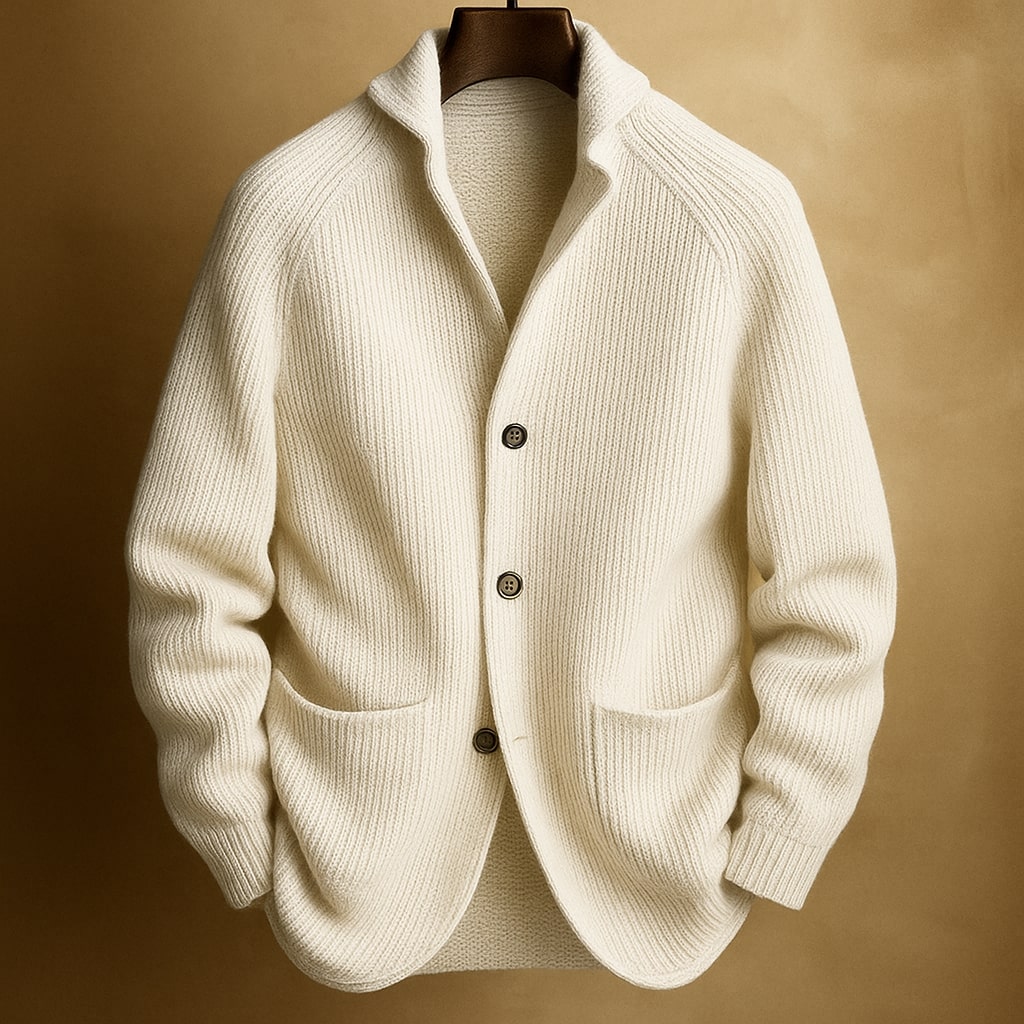 Men's ribbed wool blend shawl collar cardigan in white