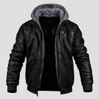 Men's Leather Bomber Jacket with Jersey Hood