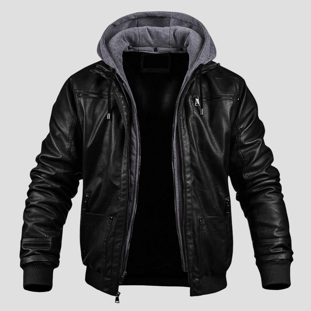 Men's Leather Bomber Jacket with Jersey Hood