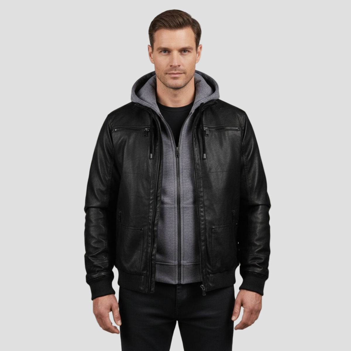 Men's Leather Bomber Jacket with Jersey Hood