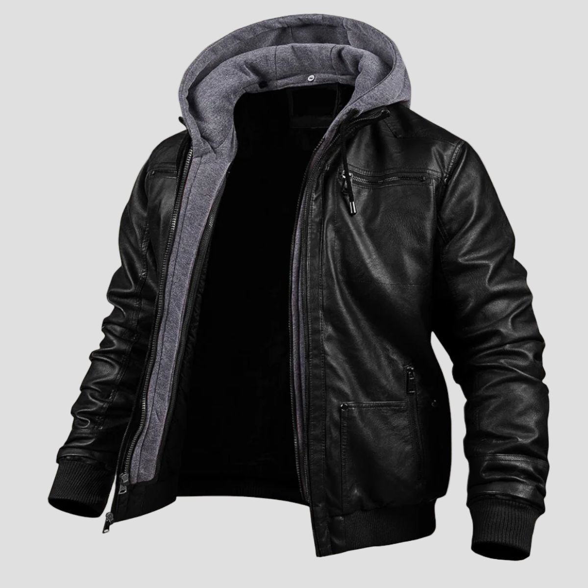 Men's Leather Bomber Jacket with Jersey Hood