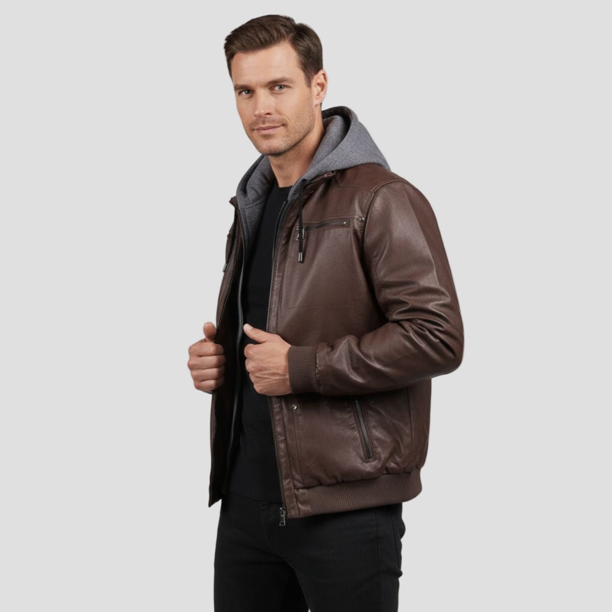 Men's Leather Bomber Jacket with Jersey Hood
