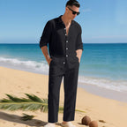 Men's business casual outfit featuring a lightweight linen shirt and matching trousers, perfect for warm weather and professional settings. 0