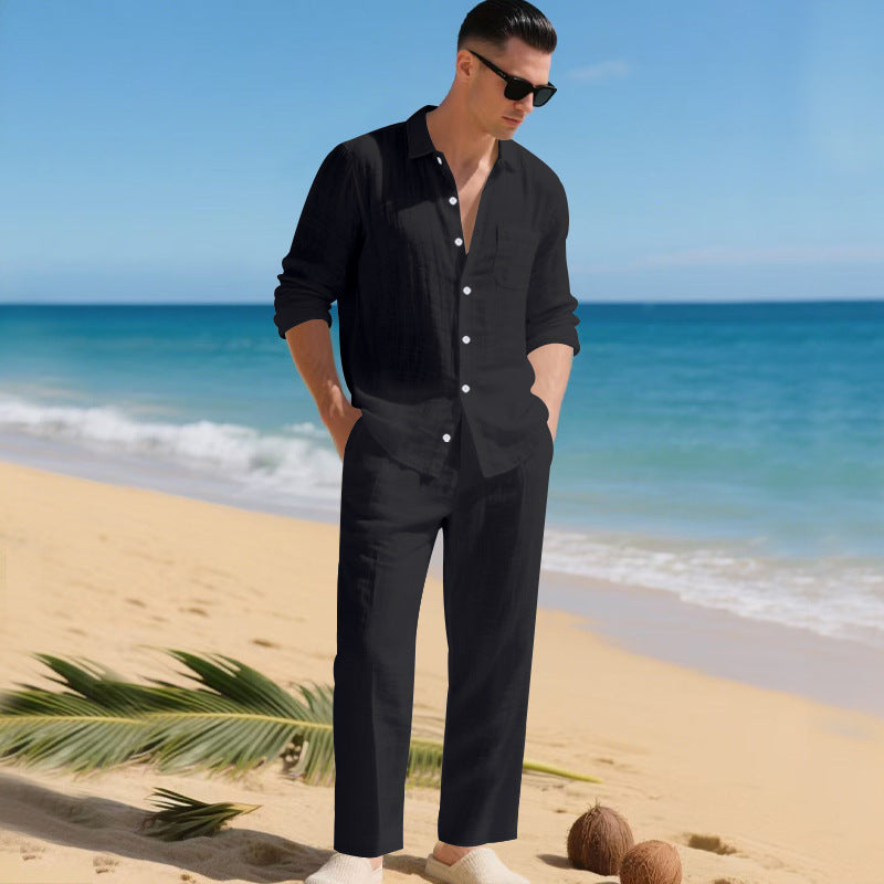 Men's business casual outfit featuring a lightweight linen shirt and matching trousers, perfect for warm weather and professional settings. 0