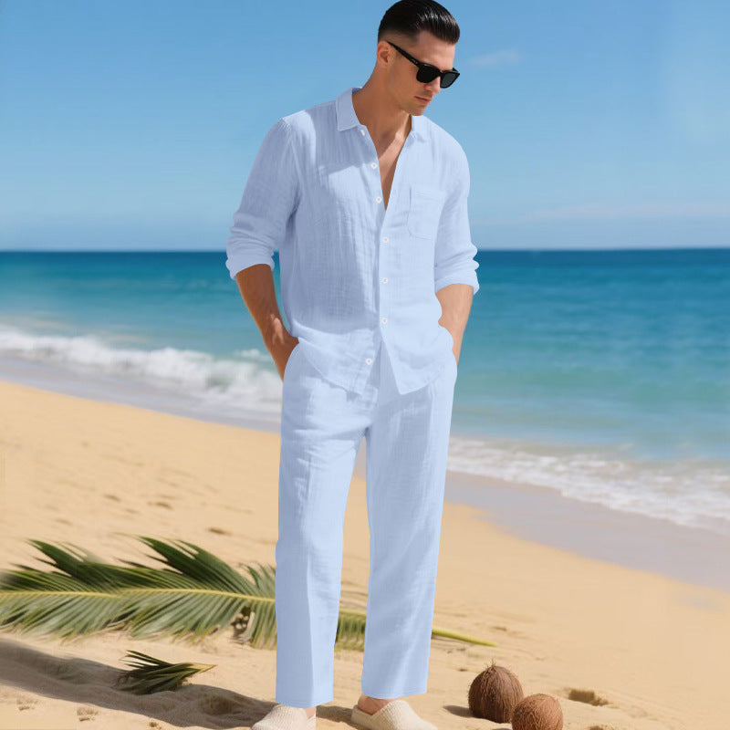 Men's business casual outfit featuring a lightweight linen shirt and matching trousers, perfect for warm weather and professional settings. 10