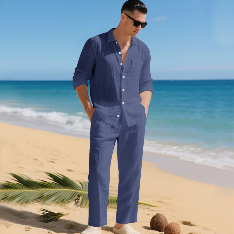 Men's business casual outfit featuring a lightweight linen shirt and matching trousers, perfect for warm weather and professional settings. 11