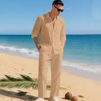 Men's business casual outfit featuring a lightweight linen shirt and matching trousers, perfect for warm weather and professional settings. 3