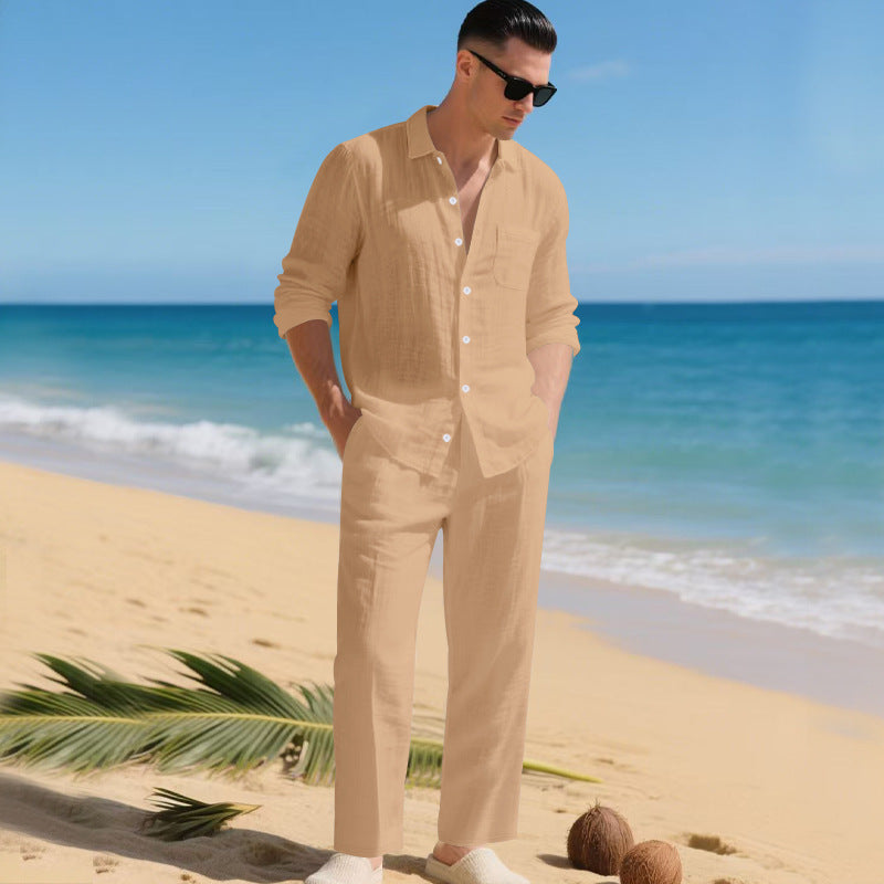 Men's business casual outfit featuring a lightweight linen shirt and matching trousers, perfect for warm weather and professional settings. 3