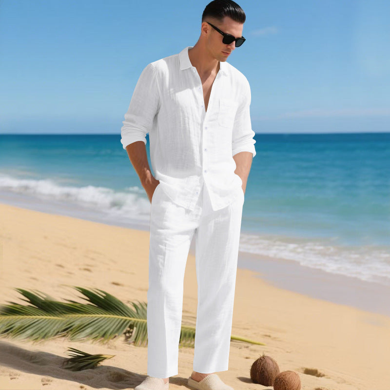 Men's business casual outfit featuring a lightweight linen shirt and matching trousers, perfect for warm weather and professional settings. 4