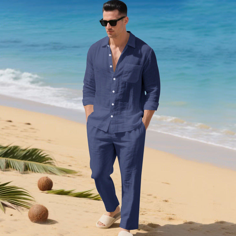 Men's business casual outfit featuring a lightweight linen shirt and matching trousers, perfect for warm weather and professional settings. 5