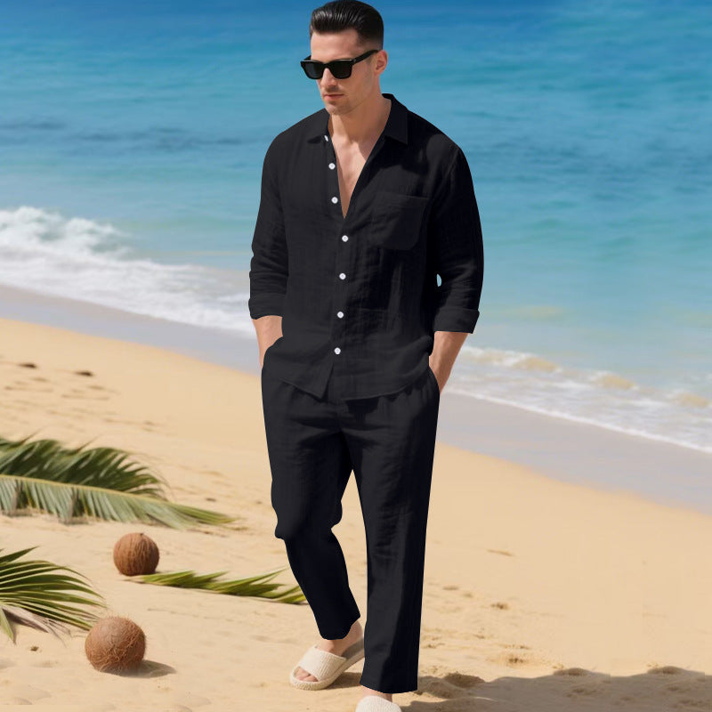 Men's business casual outfit featuring a lightweight linen shirt and matching trousers, perfect for warm weather and professional settings. 6