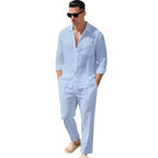 Men's business casual outfit featuring a lightweight linen shirt and matching trousers, perfect for warm weather and professional settings. 8
