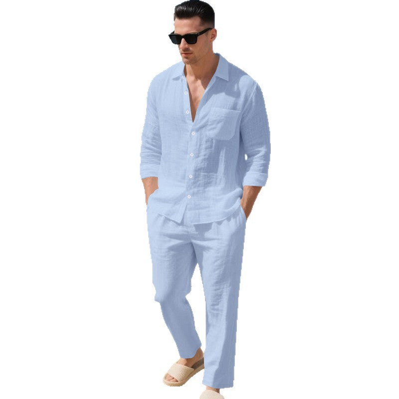 Men's business casual outfit featuring a lightweight linen shirt and matching trousers, perfect for warm weather and professional settings. 8