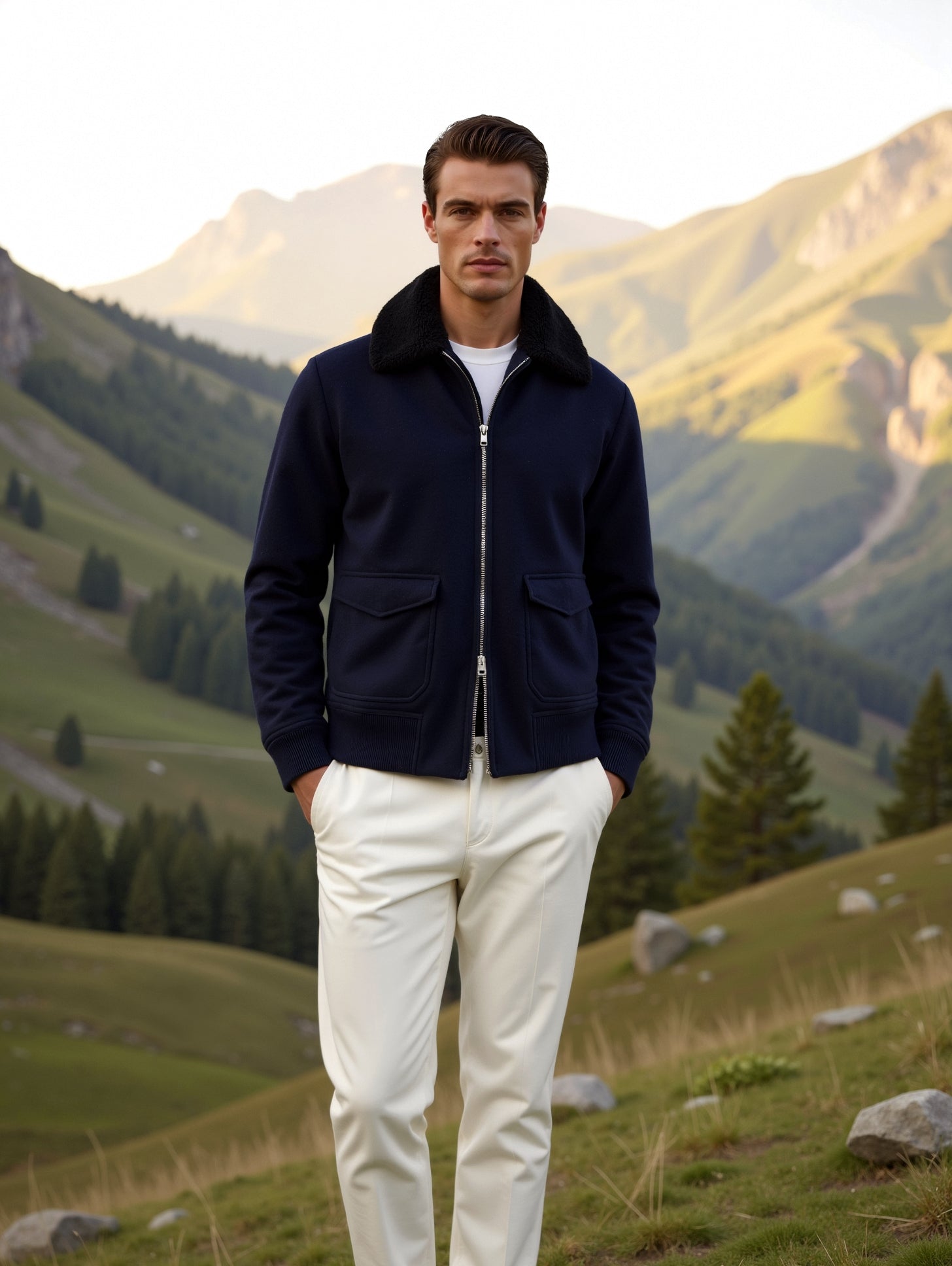 Navy Zip-Front Jacket with Lapel Collar