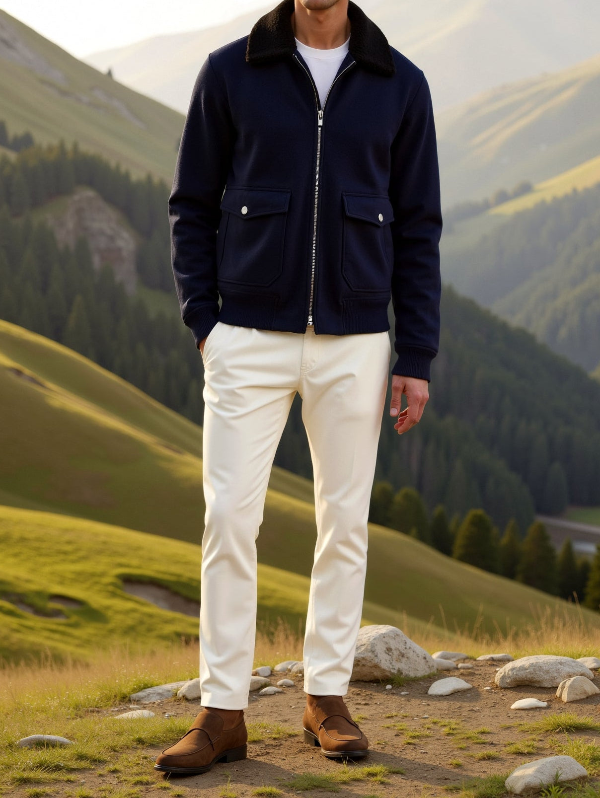 Navy Zip-Front Jacket with Lapel Collar