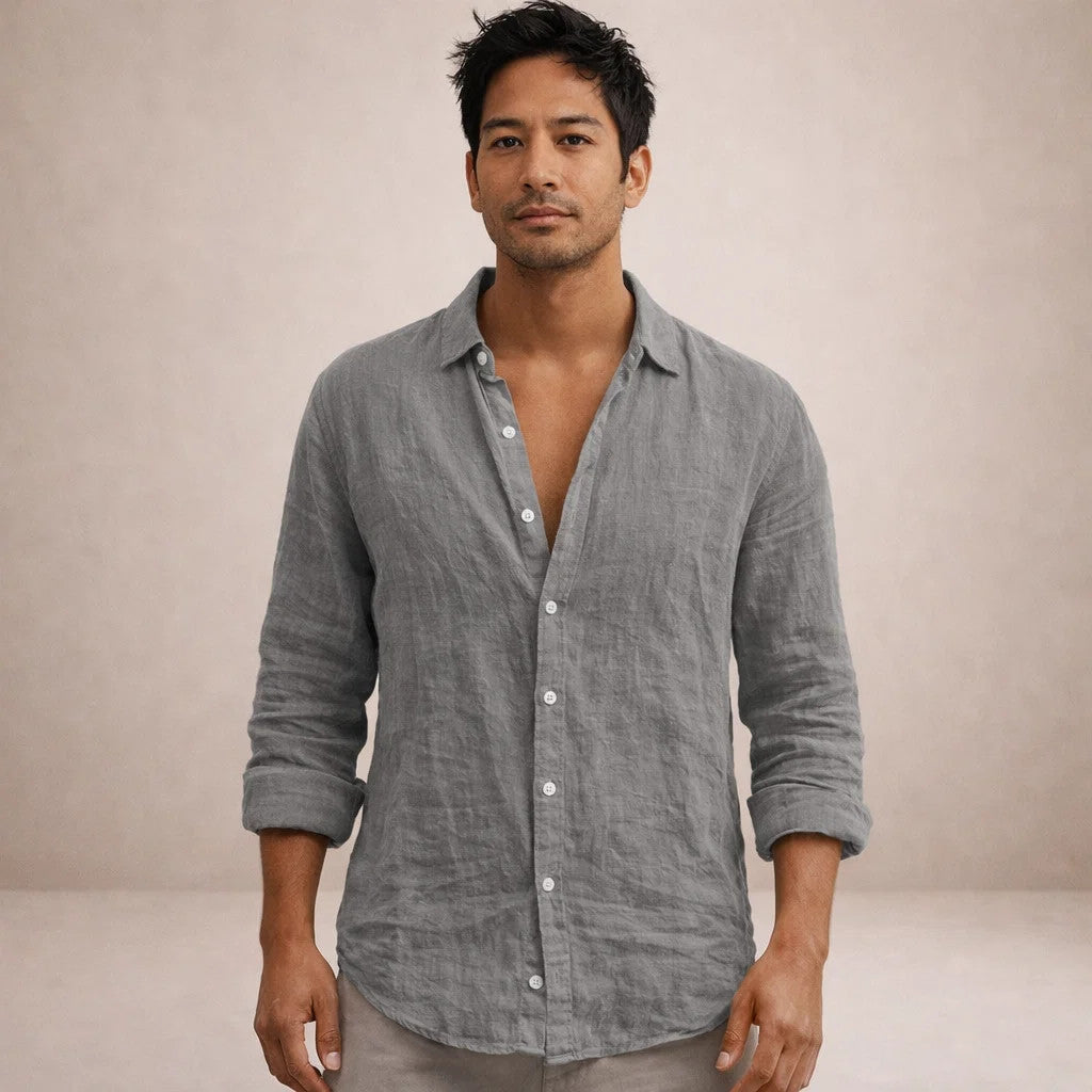 Men's linen shirt in regular fit with open collar and long sleeves, perfect for casual summer outings and stylish layering. 1