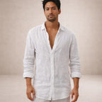 Men's linen shirt in regular fit with open collar and long sleeves, perfect for casual summer outings and stylish layering. 3
