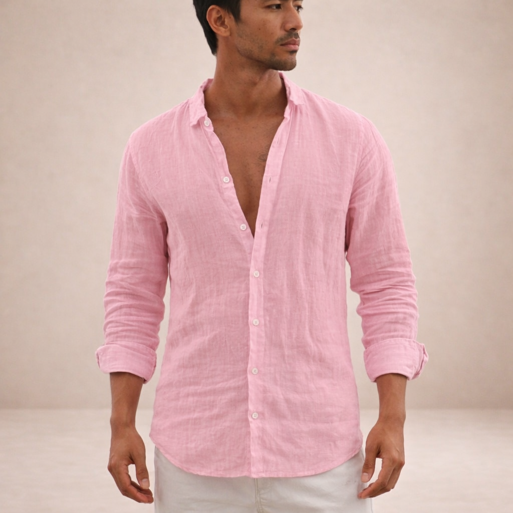 Men's linen shirt in regular fit with open collar and long sleeves, perfect for casual summer outings and stylish layering. 5