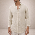 Men's linen shirt in regular fit with open collar and long sleeves, perfect for casual summer outings and stylish layering. 8