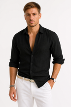 Men's linen shirt featuring a classic collar, long sleeves, and a slim fit design, perfect for casual and semi-formal occasions. 0