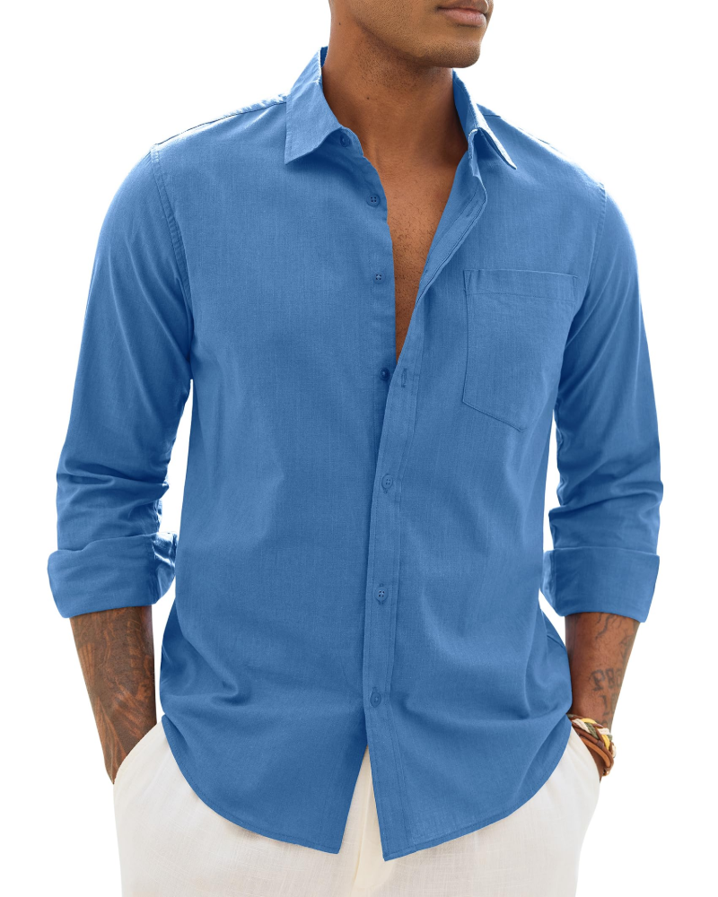 Men's Long Sleeve Shirt, Cotton Linen Blend, Casual Fit 16