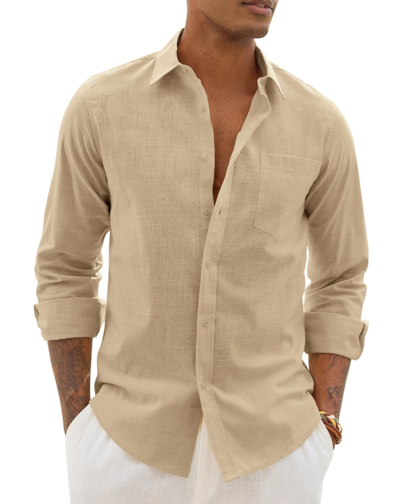 Men's Long Sleeve Shirt, Cotton Linen Blend, Casual Fit 3