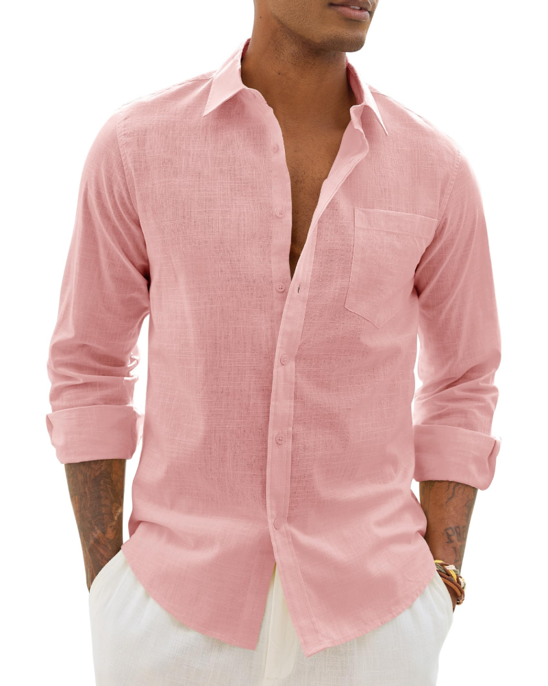 Men's Long Sleeve Shirt, Cotton Linen Blend, Casual Fit 7