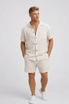 Men's Regular Fit Summer Two-Piece Set Casual Wear featuring a short-sleeve shirt and matching shorts, perfect for warm weather outings and casual gatherings 0