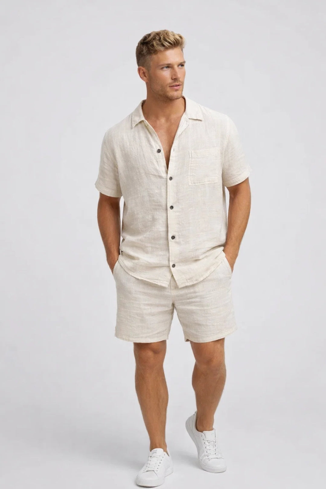 Men's Regular Fit Summer Two-Piece Set Casual Wear featuring a short-sleeve shirt and matching shorts, perfect for warm weather outings and casual gatherings 0
