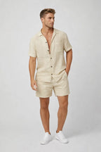Men's Regular Fit Summer Two-Piece Set Casual Wear featuring a short-sleeve shirt and matching shorts, perfect for warm weather outings and casual gatherings 1