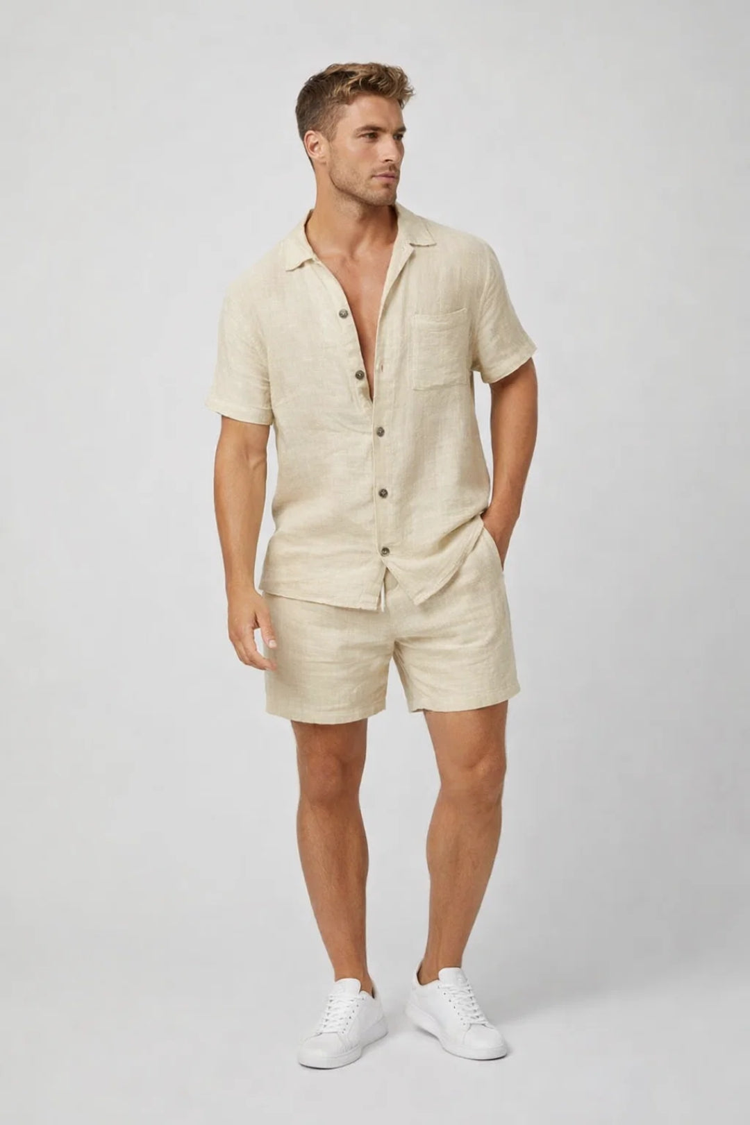 Men's Regular Fit Summer Two-Piece Set Casual Wear featuring a short-sleeve shirt and matching shorts, perfect for warm weather outings and casual gatherings 1