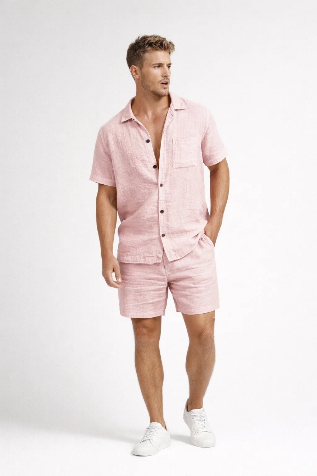 Men's Regular Fit Summer Two-Piece Set Casual Wear featuring a short-sleeve shirt and matching shorts, perfect for warm weather outings and casual gatherings 2