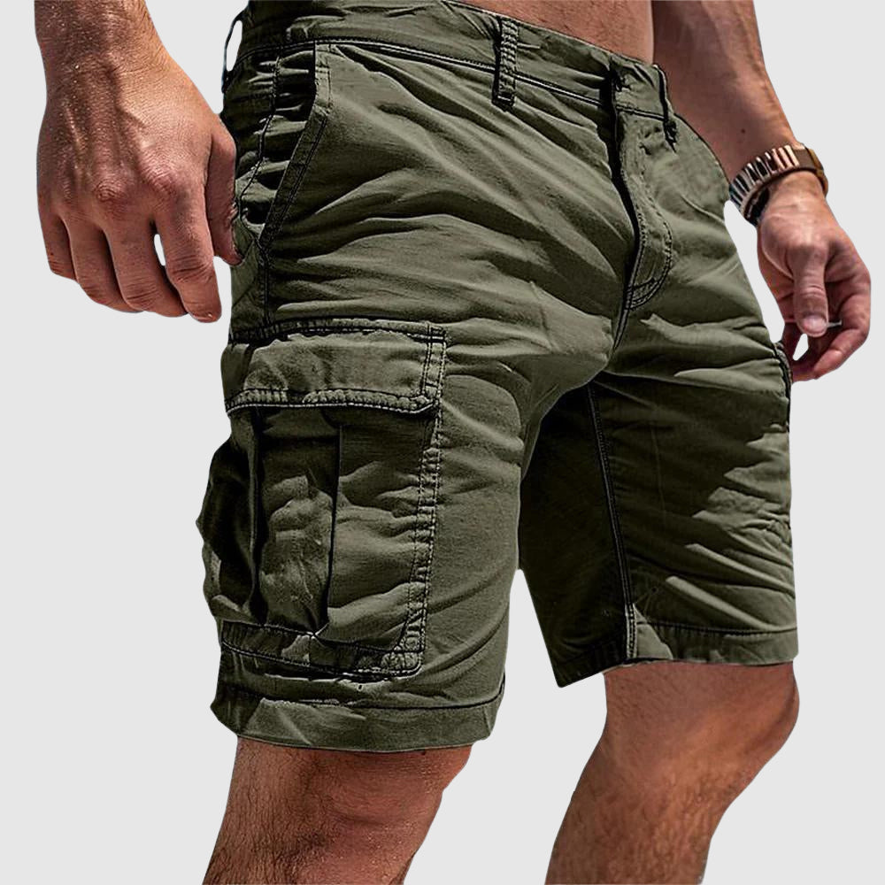 Men's relaxed fit knee-length cargo shorts in khaki, ideal for casual wear with multiple pockets for convenience and comfort. 0
