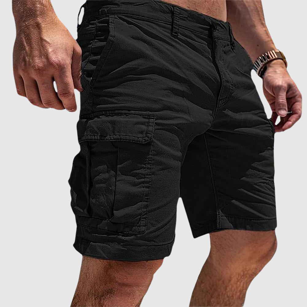 Men's relaxed fit knee-length cargo shorts in khaki, ideal for casual wear with multiple pockets for convenience and comfort. 2