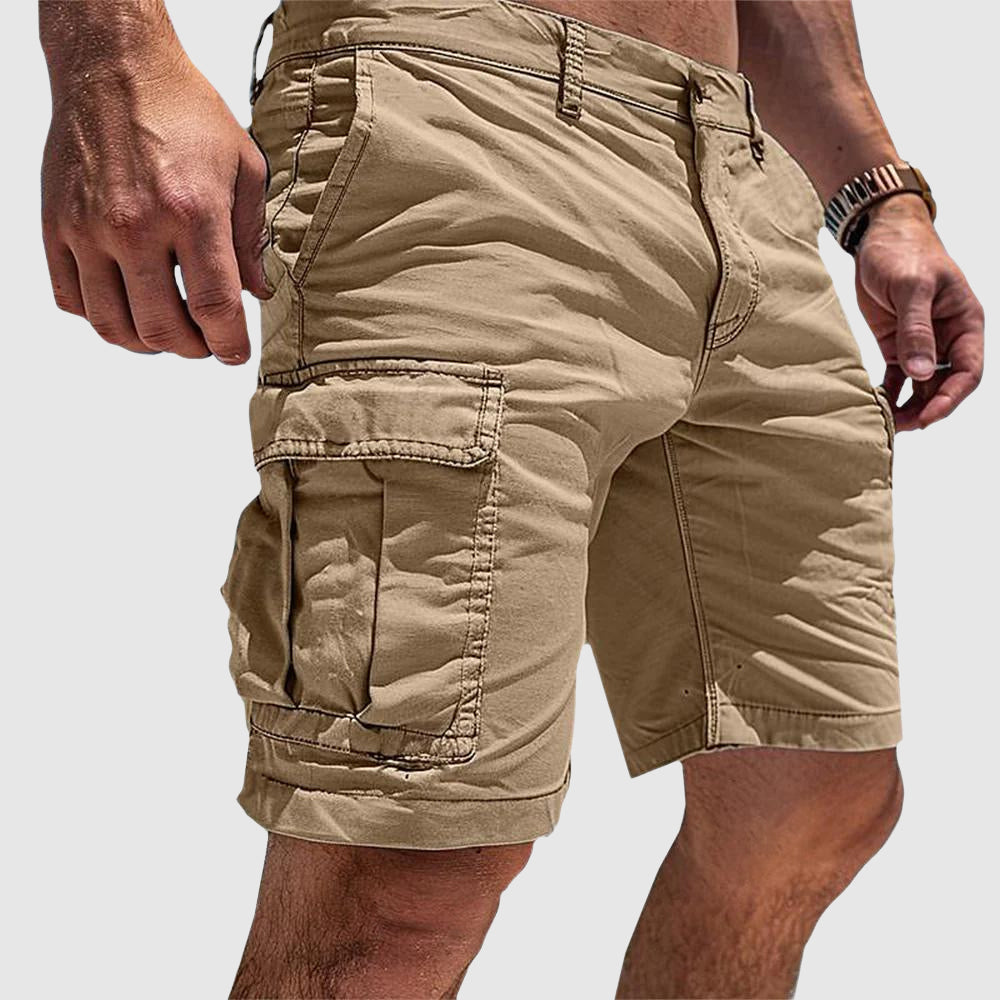 Men's relaxed fit knee-length cargo shorts in khaki, ideal for casual wear with multiple pockets for convenience and comfort. 3