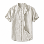 Men's short sleeve linen shirt with a stand collar, perfect for casual wear in warm weather. 0