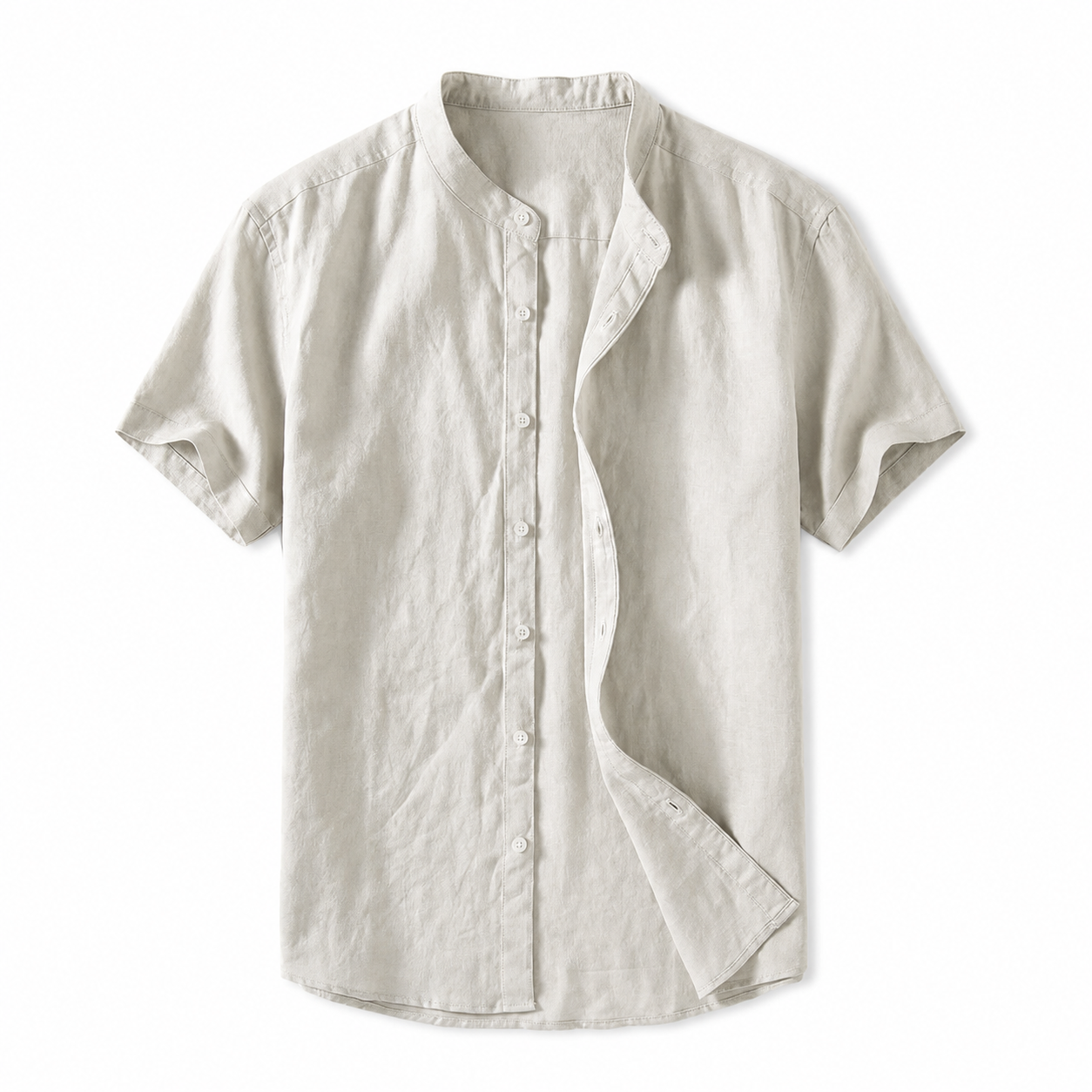 Men's short sleeve linen shirt with a stand collar, perfect for casual wear in warm weather. 0