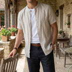 Men's short sleeve linen shirt with a stand collar, perfect for casual wear in warm weather. 1
