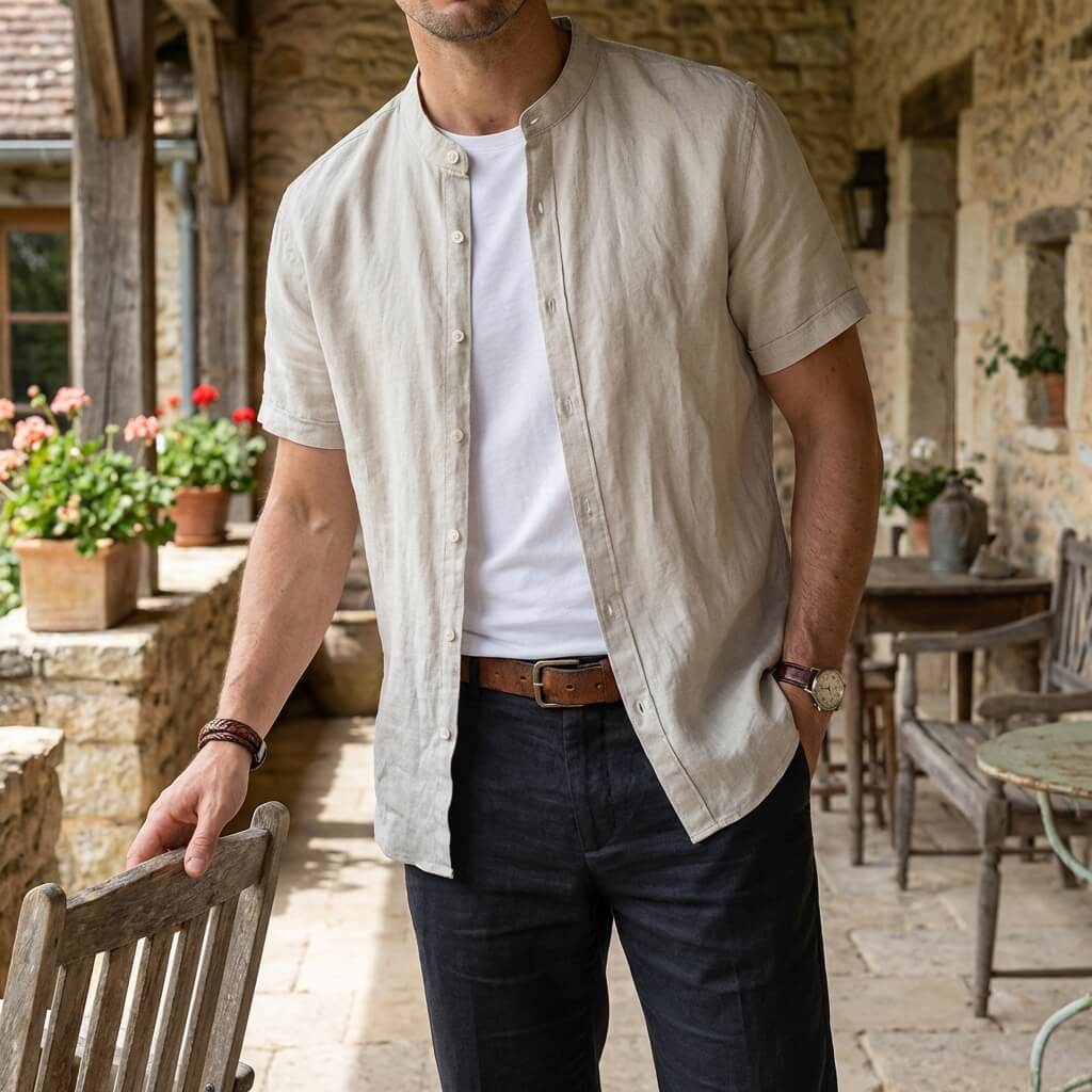 Men's short sleeve linen shirt with a stand collar, perfect for casual wear in warm weather. 1