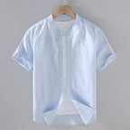Men's short sleeve linen shirt with a stand collar, perfect for casual wear in warm weather. 2