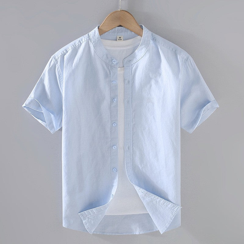 Men's short sleeve linen shirt with a stand collar, perfect for casual wear in warm weather. 2