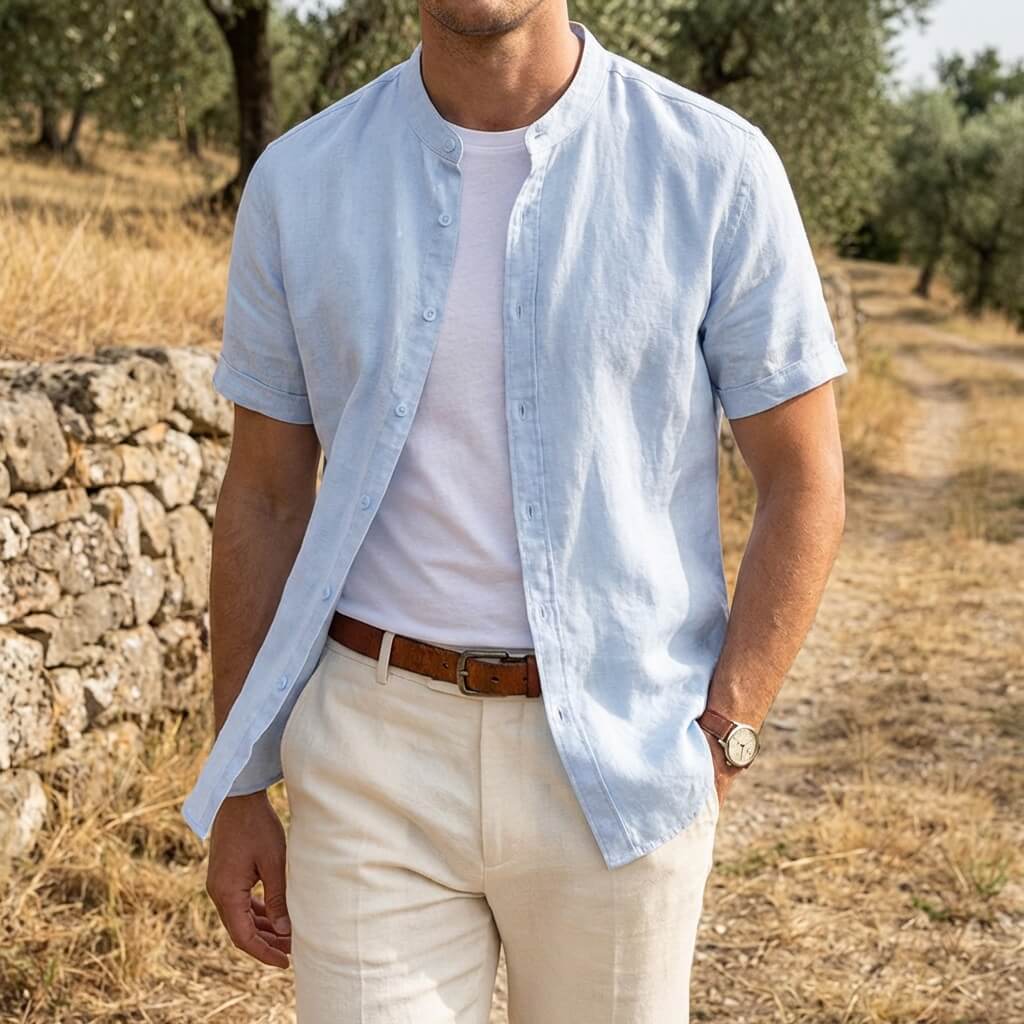Men's short sleeve linen shirt with a stand collar, perfect for casual wear in warm weather. 3