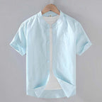 Men's short sleeve linen shirt with a stand collar, perfect for casual wear in warm weather. 4
