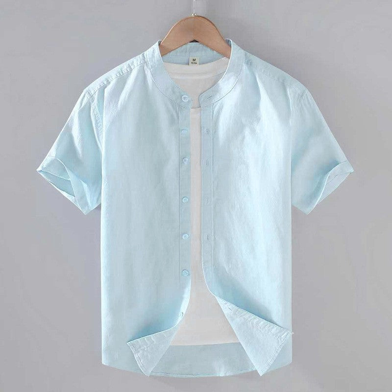 Men's short sleeve linen shirt with a stand collar, perfect for casual wear in warm weather. 4