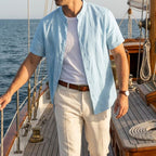 Men's short sleeve linen shirt with a stand collar, perfect for casual wear in warm weather. 5