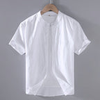 Men's short sleeve linen shirt with a stand collar, perfect for casual wear in warm weather. 6